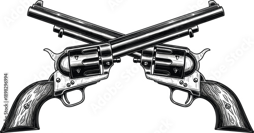 Vintage crossed revolvers engraving illustration isolated on white background representing classic firearms, western history, antique weapon design, and retro symbolism