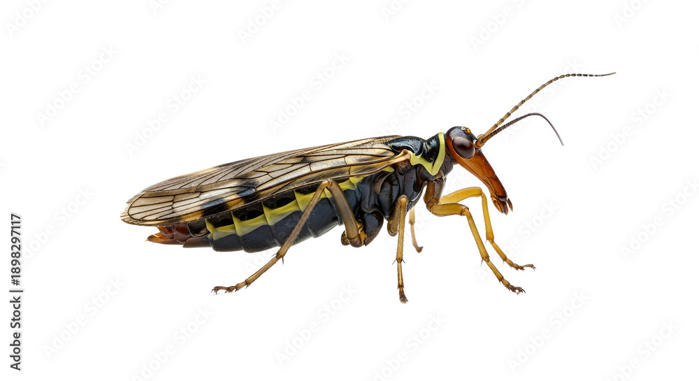 Fototapeta premium Common scorpionfly insect on white background, Panorpa communis macro photography, winged mecoptera bug with long snout and yellow markings