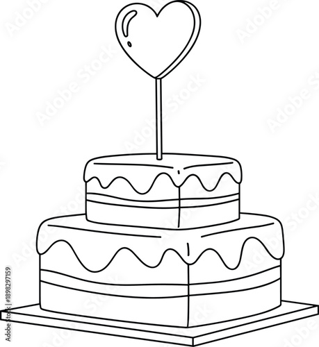 Black and white line of a two tier cake with a heart topper celebration birthday