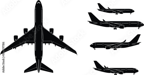 Passenger airplane silhouettes set showing top and side views isolated on white background representing commercial aviation and air travel concept