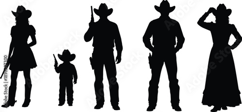 Western cowboy family silhouettes with guns and hats isolated on white background, black figures representing wild west lifestyle and frontier concepts