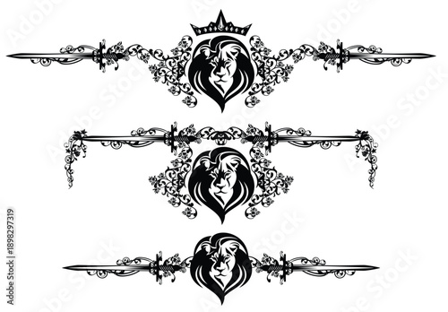 fantasy medieval style royal lion head, crown, swords and rose flowers black and white vector calligraphic page border decor design set