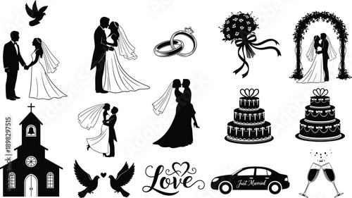 Collection of black wedding silhouette including couples cakes church car doves rings and champagne
