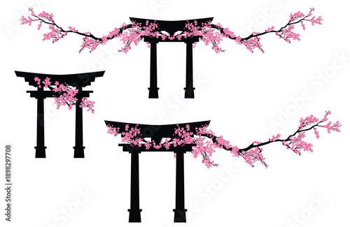 japanese torii gate entrance to shinto shrine decorated with long blooming cherry tree branches - spring season bright sakura flowers hanami vector design set