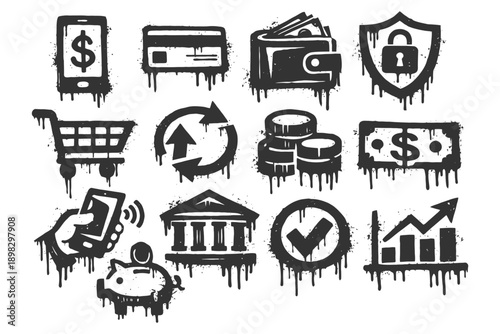 Grunge finance icons: mobile wallets, security, banking, and transactions.