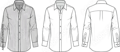 Men’s long sleeve button down shirt technical fashion illustration showing striped, plain, and back views isolated on white background