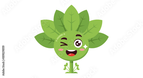 Playful cartoon cannabis leaf character with big smile, pink cheeks and flowers on white background, front view illustration