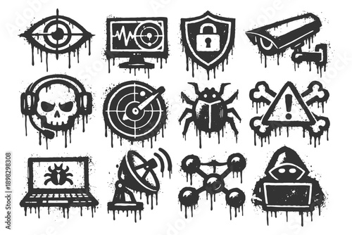 Dripping graffiti cybersecurity icons featuring skull, bug, and hacker symbols.