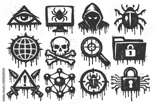 Grungy cybersecurity icons featuring bugs, hooded figure, and padlocks.