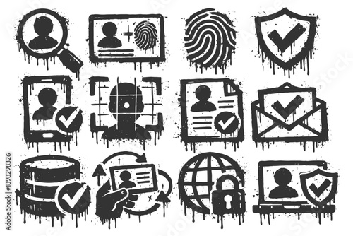 Graffiti-style security icons featuring biometrics, identification, and encryption symbols.