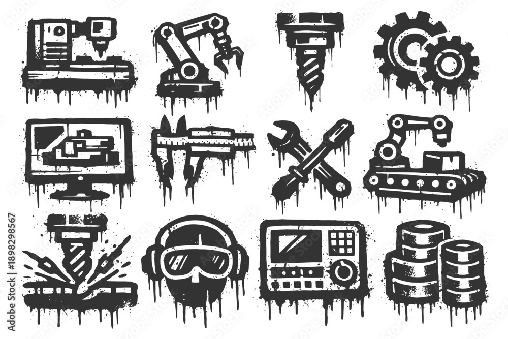 Obraz premium Industrial icon set: machines, tools, and components in grunge style.