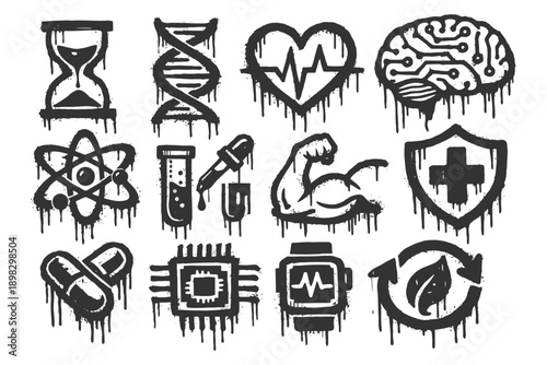 Dripping science icons: hourglass, dna, heartbeat, brain, atom, test tube, muscle, health, pill, microchip, smartwatch, sustainability.
