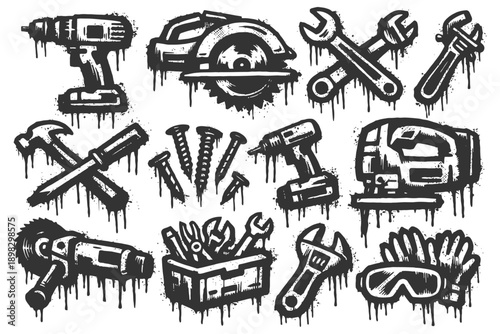 Vintage black and white grunge tool collection with power and hand tools.