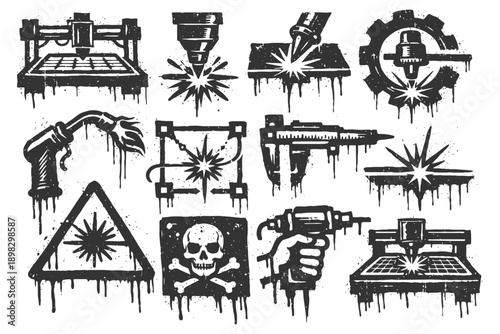 Monochrome industrial icons: laser cutters and tools set.