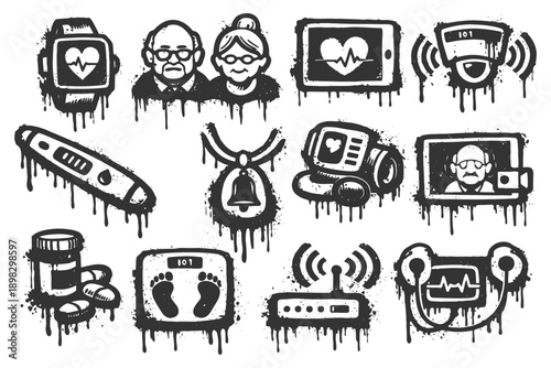 Health technology icons with elderly couple and medical devices in grunge style.