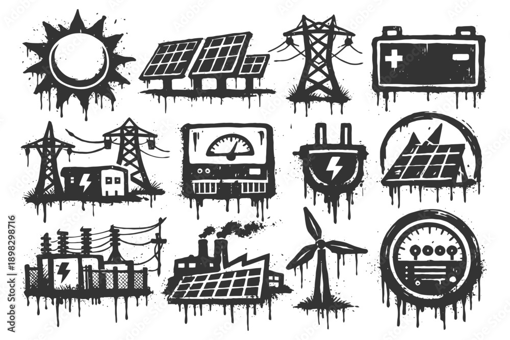 Fototapeta premium Grunge energy icons: solar, wind, battery, power lines collection.