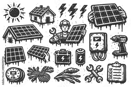 Hand-drawn solar energy tools and equipment icons set.