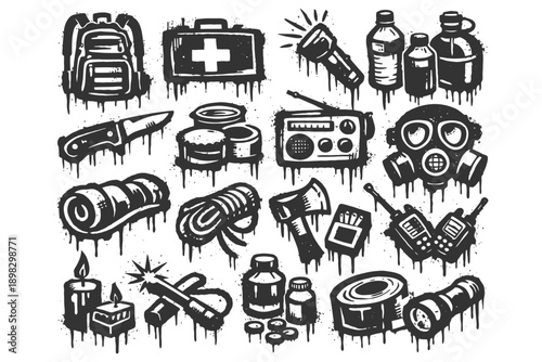 Hand-drawn emergency and survival gear icons in black and white.