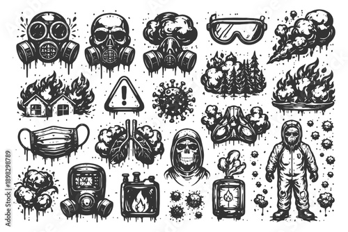 Detailed black and white illustrations of gas masks, fires, viruses, and safety gear.