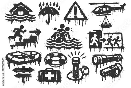 Emergency safety icons set featuring floods, helicopter, lifesaver, and flashlight symbols.