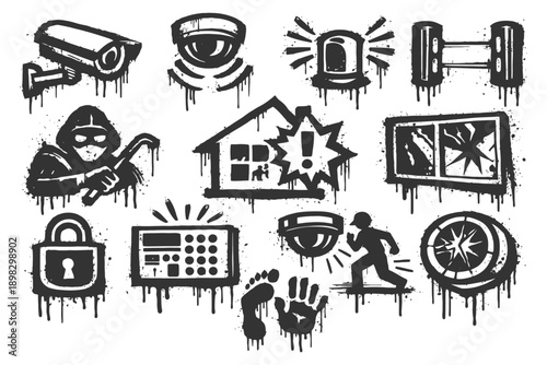 Graffiti-style security icons featuring burglar, cameras, alarm, lock, and barbed wire.