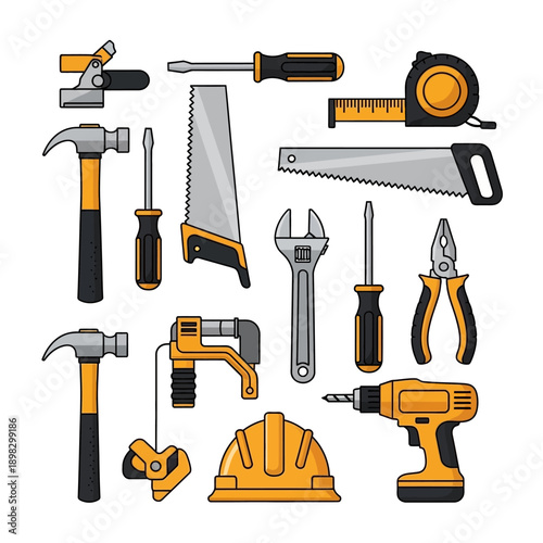 Tools Collection: Hammer, Saw, Screwdriver, Drill, Wrench, Pliers, Tape Measure