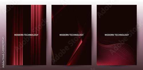 Poster Set of Modern Technology Abstract Red Vertical Backgrounds With Glowing Curve