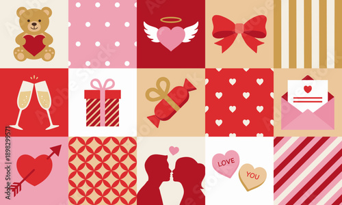 Happy Valentines day background. Geometric pattern with trendy love design elements. Festive romantic print