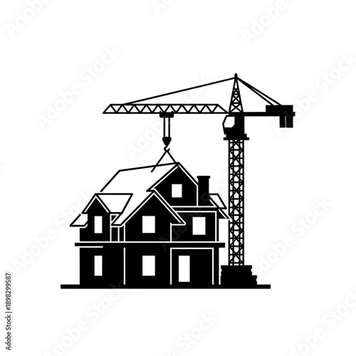 House construction with crane lifting building elements on white background, industry concept