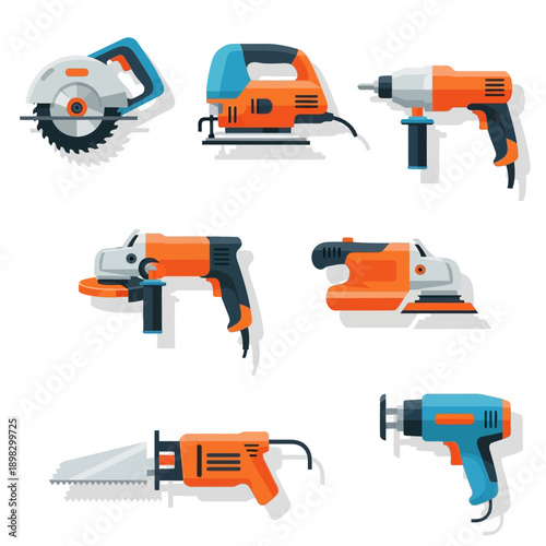 Collection of power tools for construction and DIY, isolated on white background.