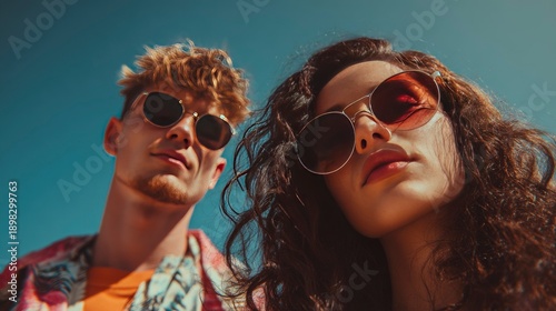 Stylish young couple portrait against blue sky, wearing sunglasses, confident summer travel and lifestyle concept.