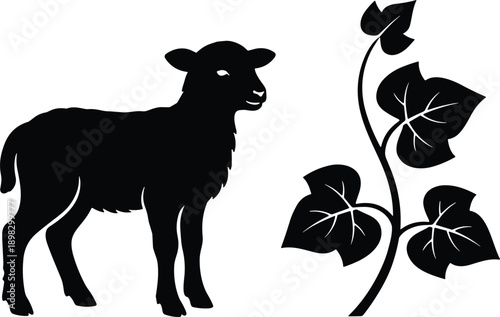 Black silhouette set featuring a young lamb and a leafy climbing plant or ivy branch for farm and nature themes.