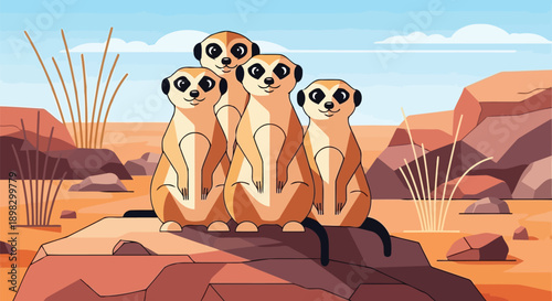 Family of meerkats standing together in desert vector illustration