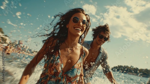 Happy young couple running through shallow water at the beach, splashing waves and enjoying active summer vacation.
