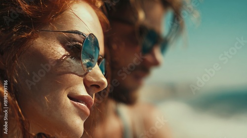 Side portrait of a young woman wearing sunglasses at the seaside, warm sunlight and relaxed summer vacation atmosphere.