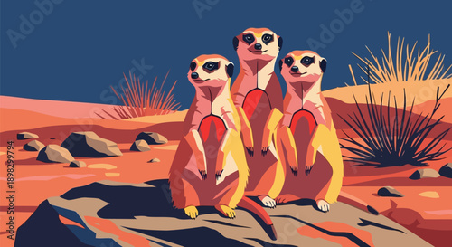 Three meerkats standing guard on desert rock vector illustration