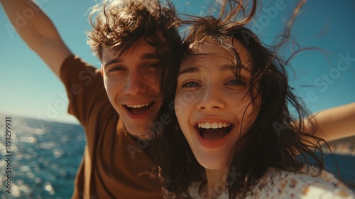 Excited young couple taking a selfie by the sea, smiling faces, raised arms and joyful summer travel atmosphere.