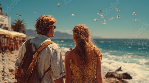 Young couple standing on a beach watching the sea and flying birds, peaceful summer travel moment and coastal atmosphere.