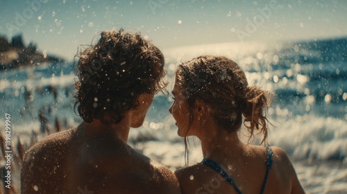 Back view of a young couple standing by the sea with splashing waves, carefree summer vacation and travel lifestyle.