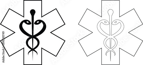 Medical snake and caduceus star of life icons set with pharmacy and healthcare symbols in flat and line style, isolated on transparent background, medical icon collection group