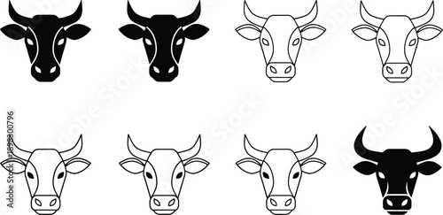 Minimalist cattle head icon set featuring solid silhouettes and thin line art outlines of bulls and cows for livestock branding.