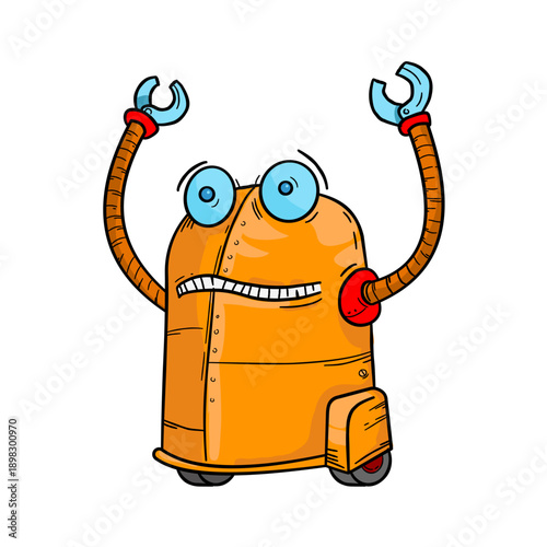 Nervous orange robot with hands up, funny cyborg character in hand drawn sketch style, vector illustration