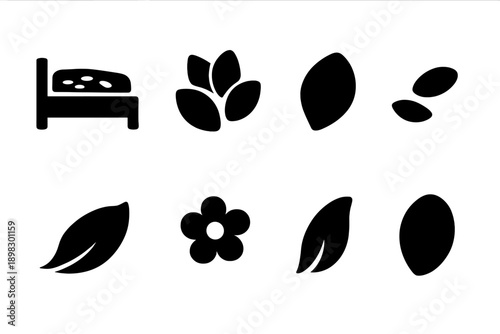 Petal Icon Grid. Petals on bedding. Filled icon set of Petals on bedding: bed silhouette, petal group, single