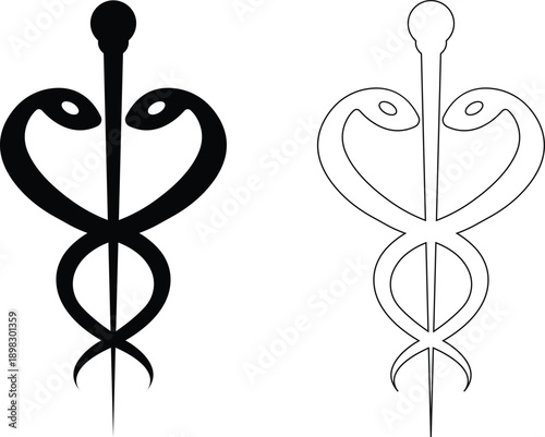 Medical snake and caduceus star of life icons set with pharmacy and healthcare symbols in flat and line style, isolated on transparent background, medical icon collection group