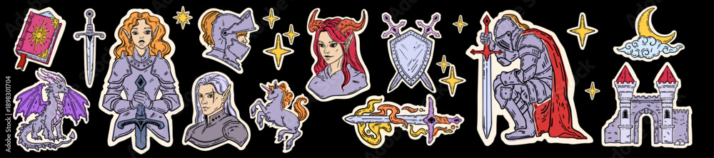 Fototapeta premium Fantasy sticker set, medieval magic fairytale doodle illustration, hand drawn mystic character art. Vintage knight armor, female warrior face, dragon, RPG game badge graphic. Fantasy sticker print
