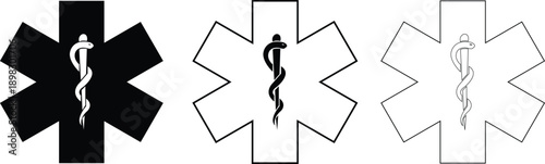 Medical snake and caduceus star of life icons set with pharmacy and healthcare symbols in flat and line style, isolated on transparent background, medical icon collection group