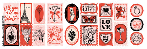 Love Valentine day mail stamp, hand drawn doodle romantic postal print, holiday whimsical badge set. February greeting vintage postmark, retro amore envelope decor. Love stamp postcard  cupid patch