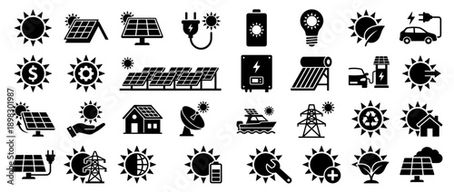 A comprehensive collection of 28 flat vector icons representing solar energy production, electric vehicle charging, battery storage, and green building technology in a clean silhouette style.