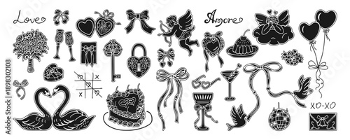 Whimsical Valentine illustration set hand drawn coquette stamp sticker style. Cute girly elements Cupid, hearts bows ribbons, cake, cocktails, cherries. Romantic vintage mood playful elegant shape art