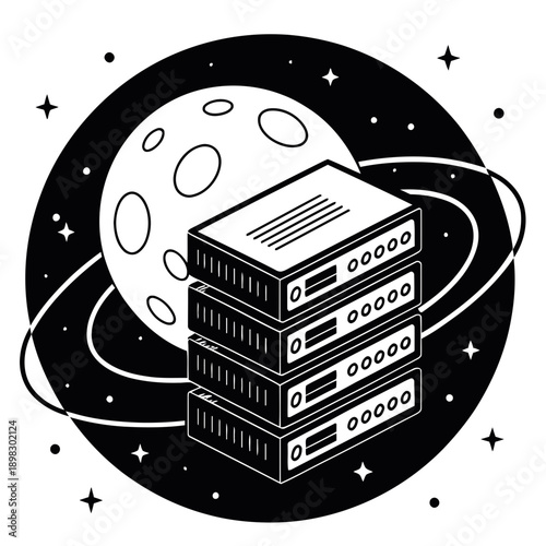 Tablou pe pânză A minimalist vector illustration of a server stack in space with a moon